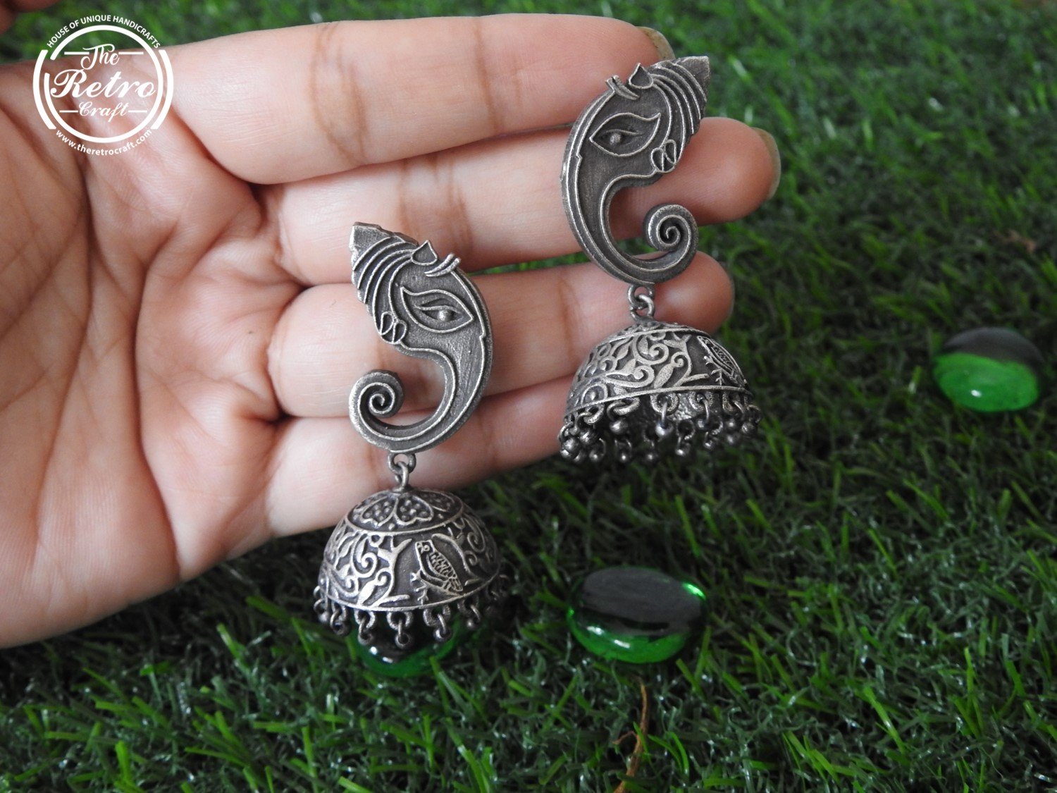 Buy Green and Brown Stone German Silver Oxidised Chandbali Earrings – The  Jewelbox