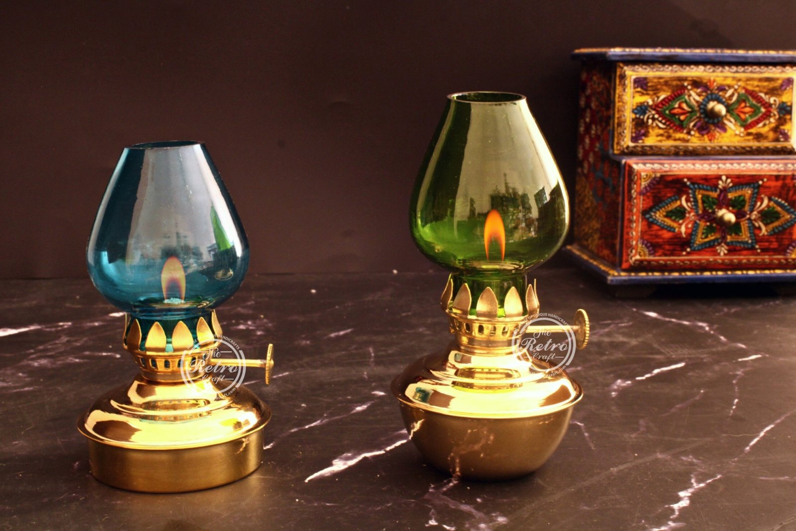 Vintage Brass Miniature Oil/Kerosene Lamp Made in India w/Glass Chimney &  Wick