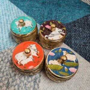 Brass Kumkum Dibbi With Pichwai Work - Set of 10