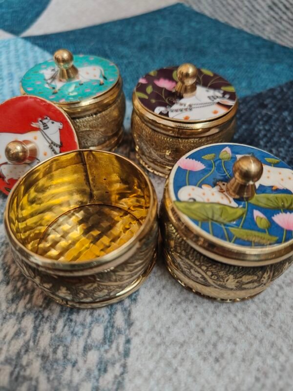 Brass Kumkum Dibbi With Pichwai Work - Set of 10 - Image 2