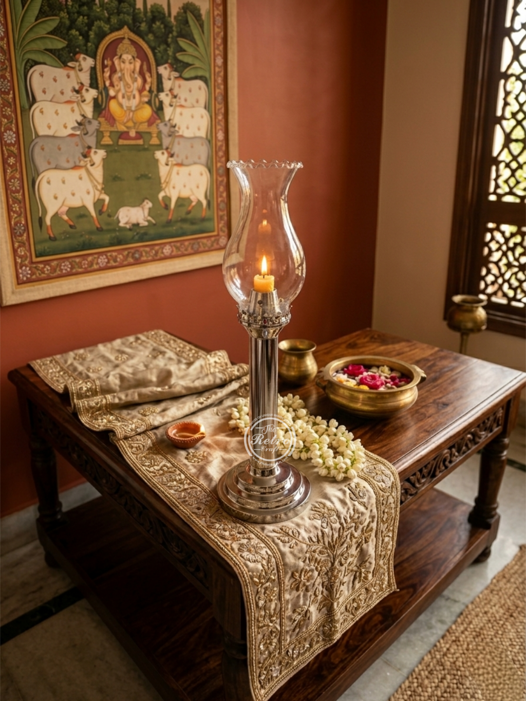 Vintage Brass Candle Holder With Chimney Glass- Chrome Finish