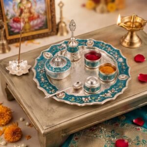 German Silver Enamel Work Pooja Thali Set