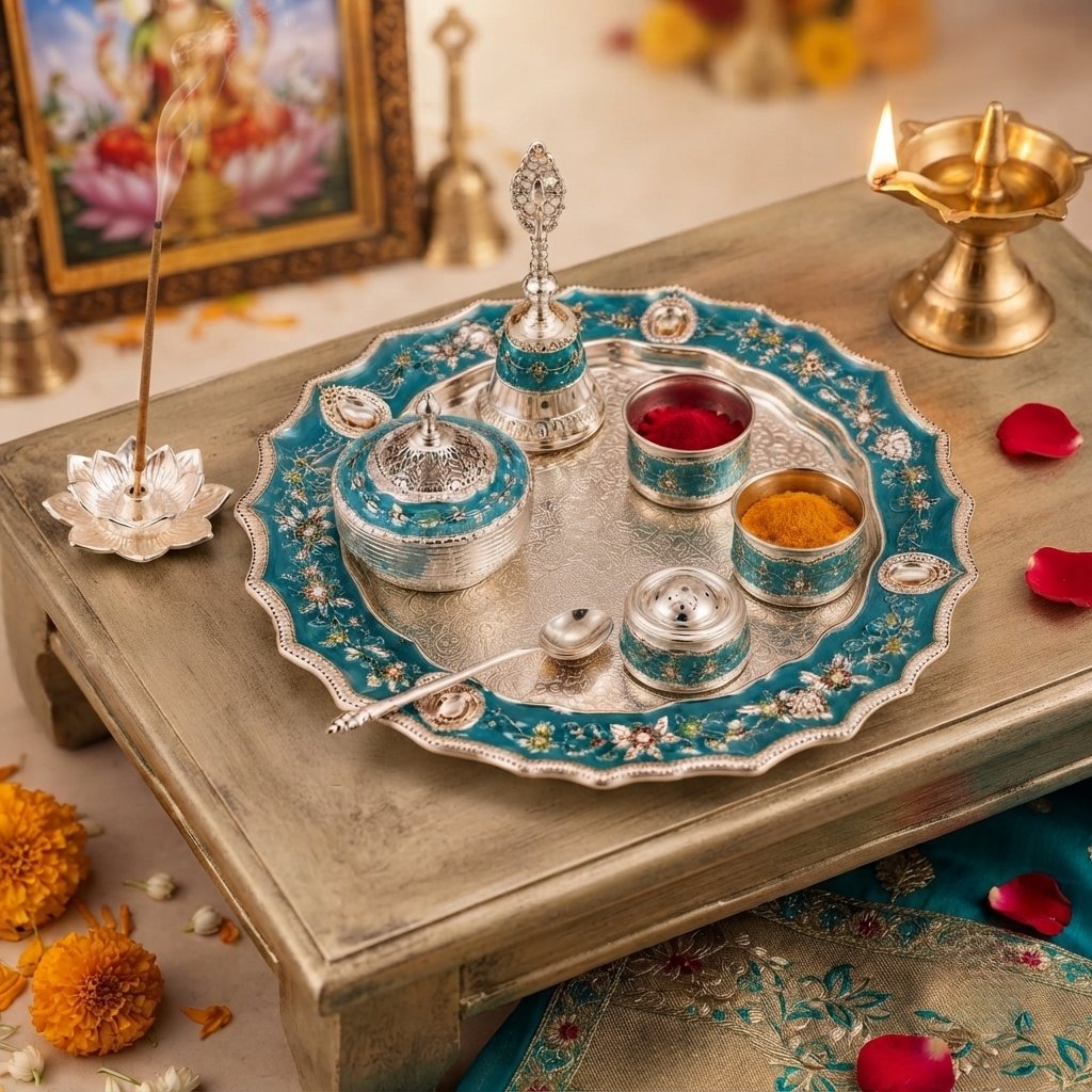 German Silver Enamel Work Pooja Thali Set